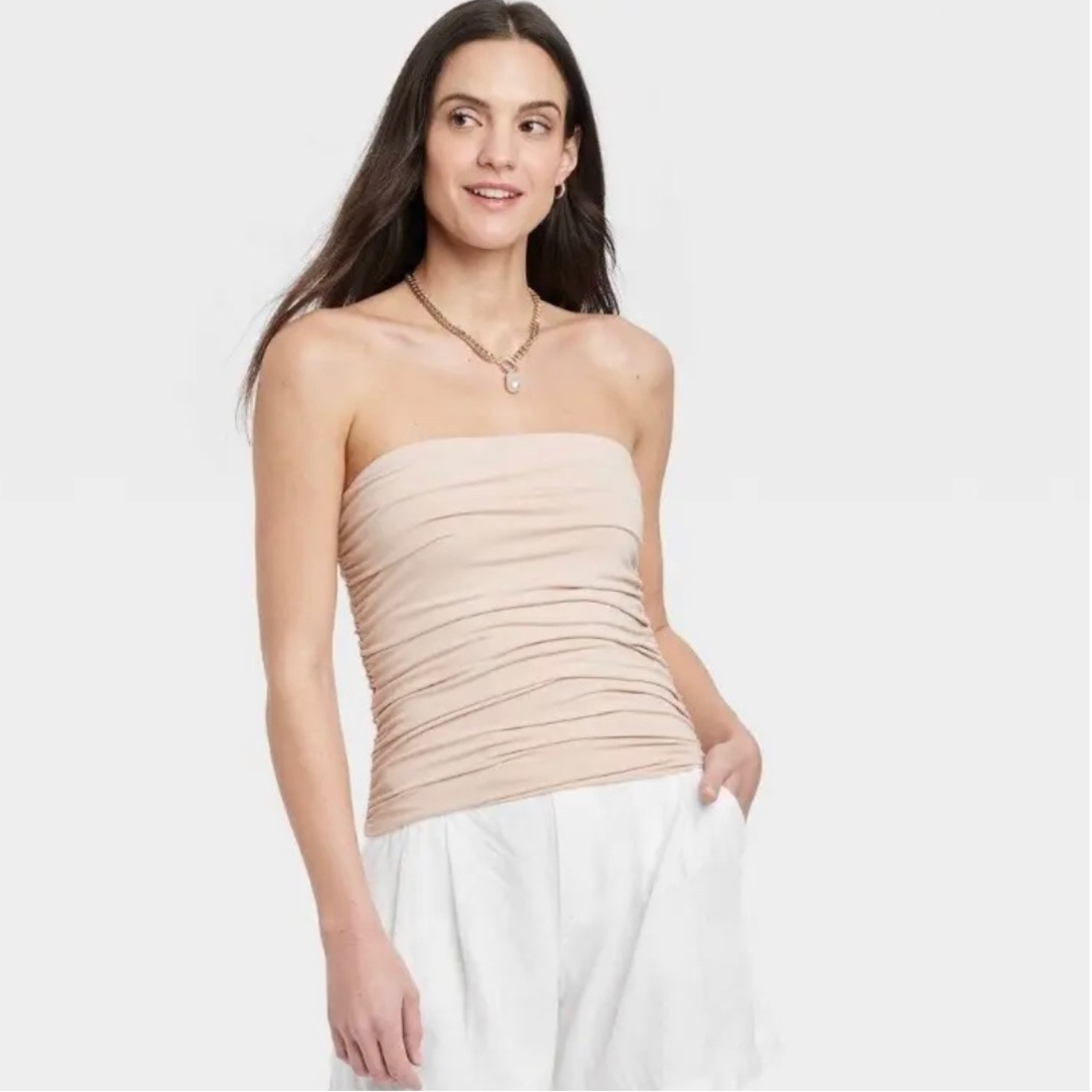 A New Day Slim Fit Ruched Tube Top in Beige